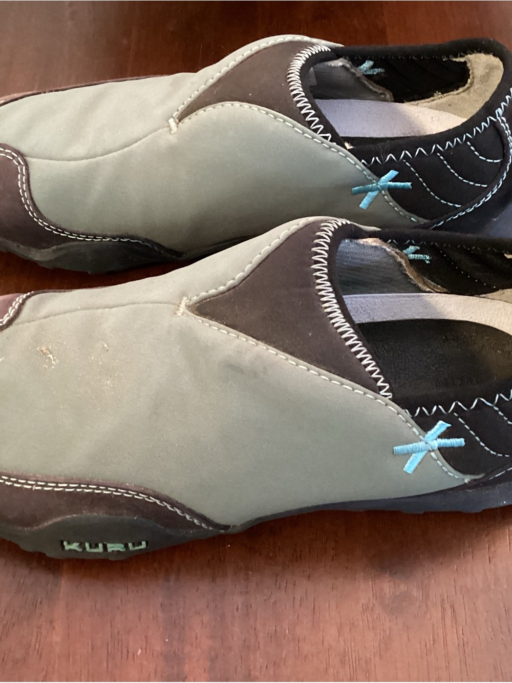 KURU Slip-On Loafers in Sage Green and Dark Brown with Teal Stitching